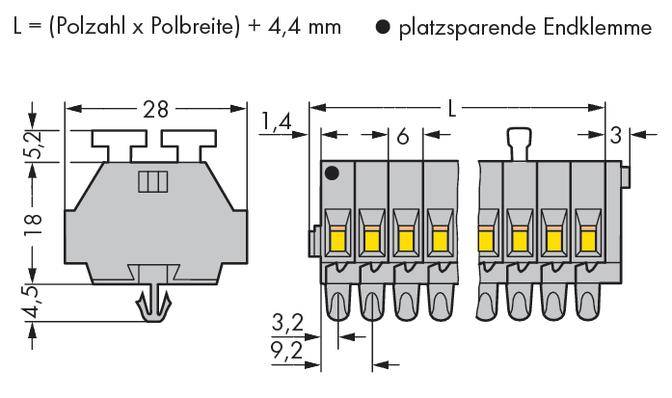Rysunek wielostykowego złącza elektrycznego z wymiarami w milimetrach. Zawiera wartości odstępów oraz oznaczenia dla kompaktowej końcowej listwy zaciskowej.