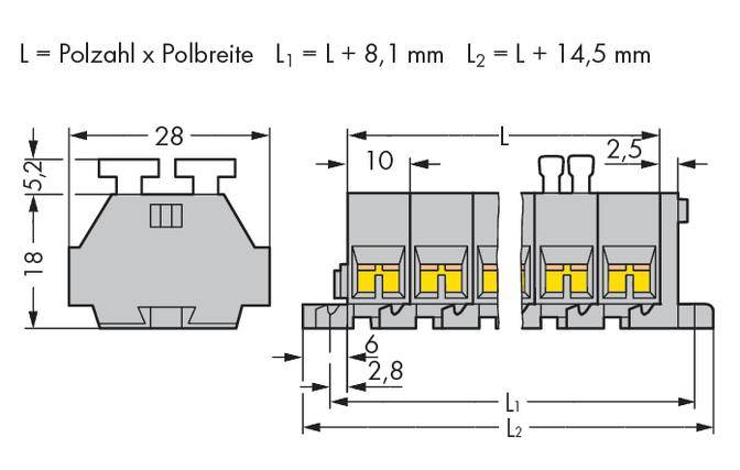 Rysunek techniczny złącza elektrycznego z wymiarami. Przedstawia szerokość i kształt styków złącza w milimetrach.