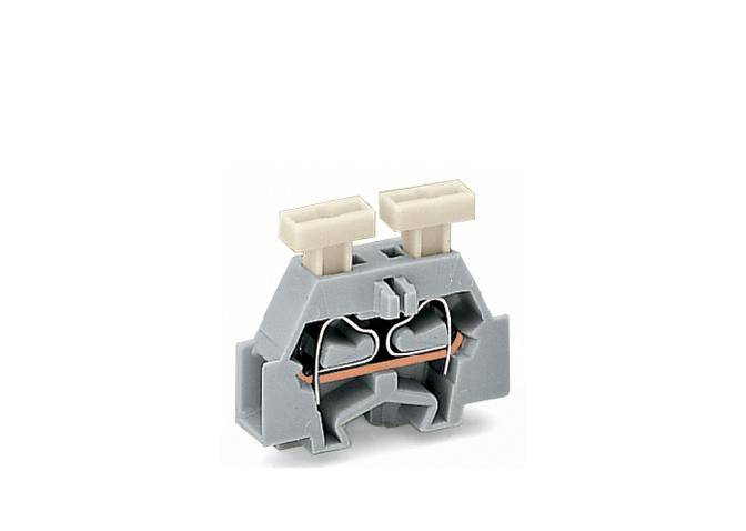 Szary blok zaciskowy z dwoma zaciskami przyłączeniowymi i miedzianymi zaciskami wewnętrznymi na białym tle.