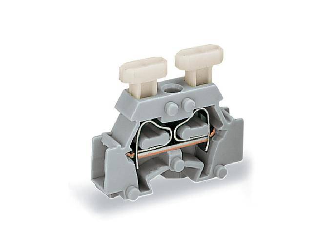 Szary elektryczny listwa zaciskowa z dwoma punktami przyłączeniowymi, odpowiednia do okablowania w rozdzielniach elektrycznych.