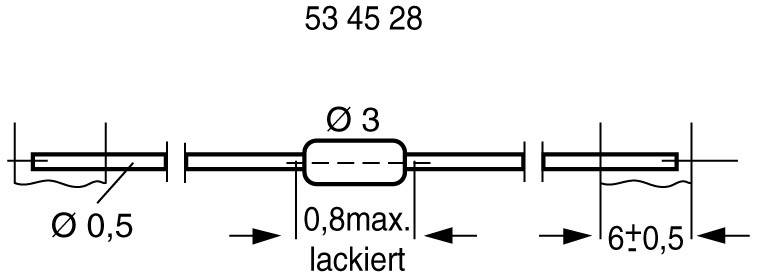 Diagram cylindra z wymiarami: całkowita długość 53, szerokość 0,5, średnica środkowa 3, lakierowany, długości różnią się.