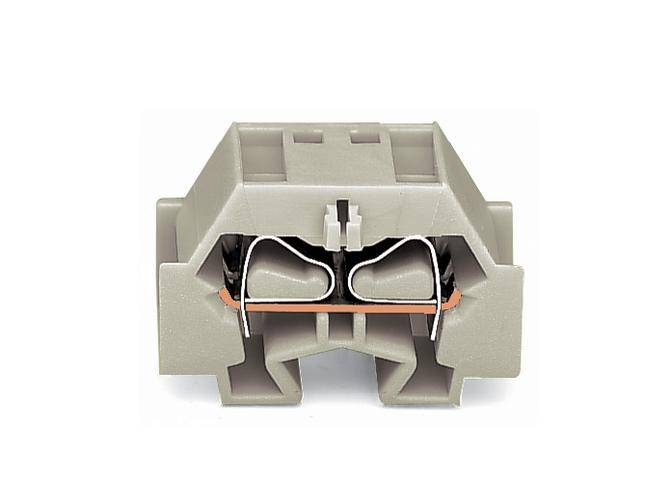 Szary elektryczny złącz z widocznymi dwoma metalowymi zaciskami do mocowania przewodów, widok z przodu.