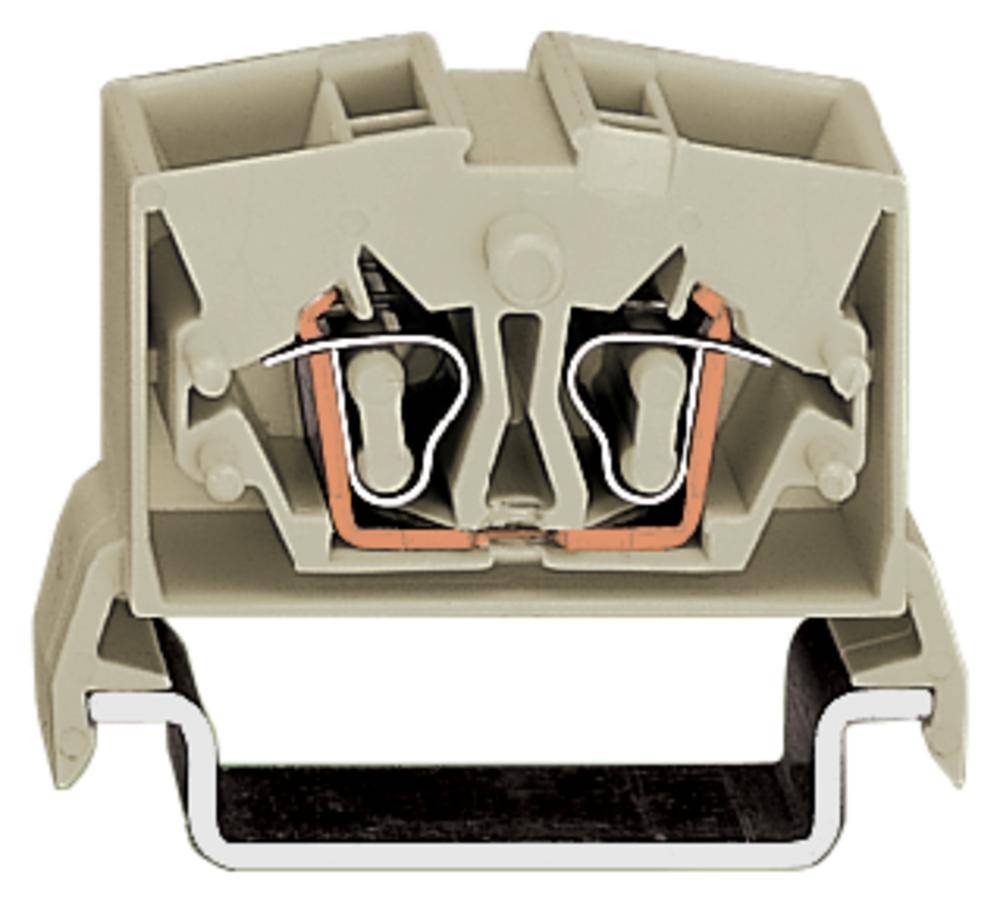 Ilustracja bloku zacisków elektrycznych w jasnym kolorze. Ukazuje wewnętrzne styki metalowe oraz budowę mechaniczną.