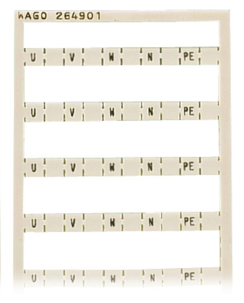 Biała płyta z tworzywa sztucznego z oznaczeniem 'WAGO 264901'. Kilka opisanych rzędów z literami 'U', 'V', 'W', 'N', 'PE'.