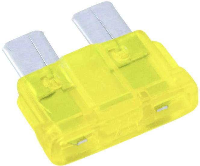 Żółta płaska bezpieczka z dwoma bolcami metalowymi, stosowana w pojazdach do zabezpieczania obwodów elektrycznych.