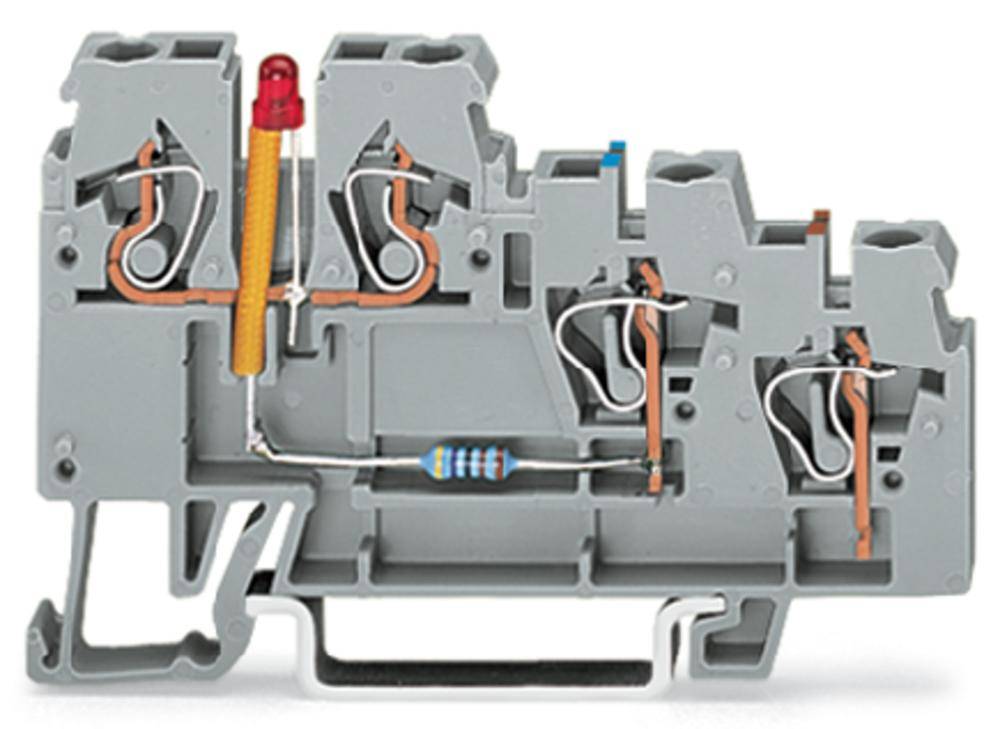 Szary blok zacisków z czerwonym i żółtym przewodem, pokazujący wewnętrzne podłączenia i rezystor.