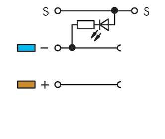 Schemat elektryczny LED w układzie szeregowym. Na górze: przełącznik, symbol LED i dwa punkty S. Na dole: symbol kodu kolorów z biegunem dodatnim.