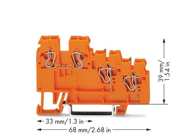 Pomarańczowy blok zaciskowy z trzema zaciskami. Wymiary: 33 mm szerokości, 68 mm długości, 39 mm wysokości. Widok z boku z widocznymi przewodami.