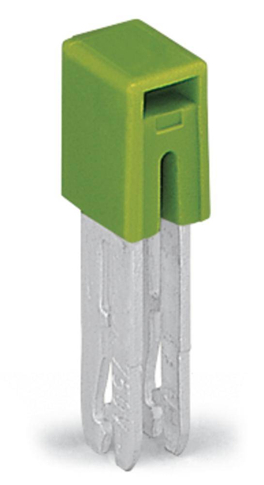 Zielony plastikowy klips z przezroczystym, czterostopniowym elementem wtykowym, prawdopodobnie służący do mocowania lub łączenia elementów.