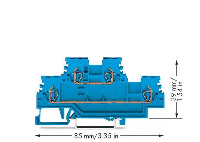 Niebieski elektryczny blok przyłączeniowy o wymiarach: 85 mm szerokości, 39 mm wysokości. Zawiera metalowe złącza, dokładniej przepusty przewodów.