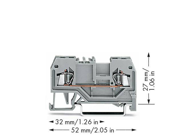 Zacisk przewodowy, kolor obudowy szary, wymiary: 32 mm szerokości, 27 mm wysokości, 52 mm długości.