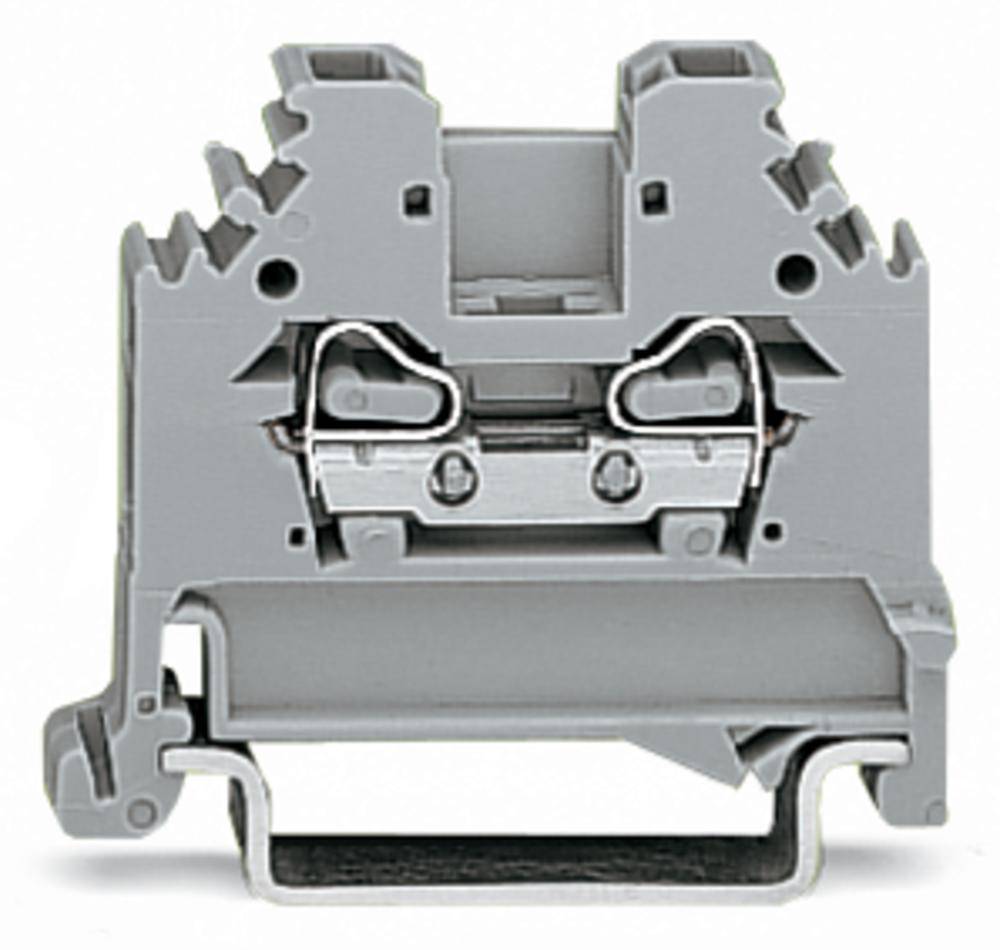 Szary elektryczny blok zaciskowy do montażu na szynie DIN, z bocznymi wejściowymi szczerbinami i metalowymi połączeniami w środku.