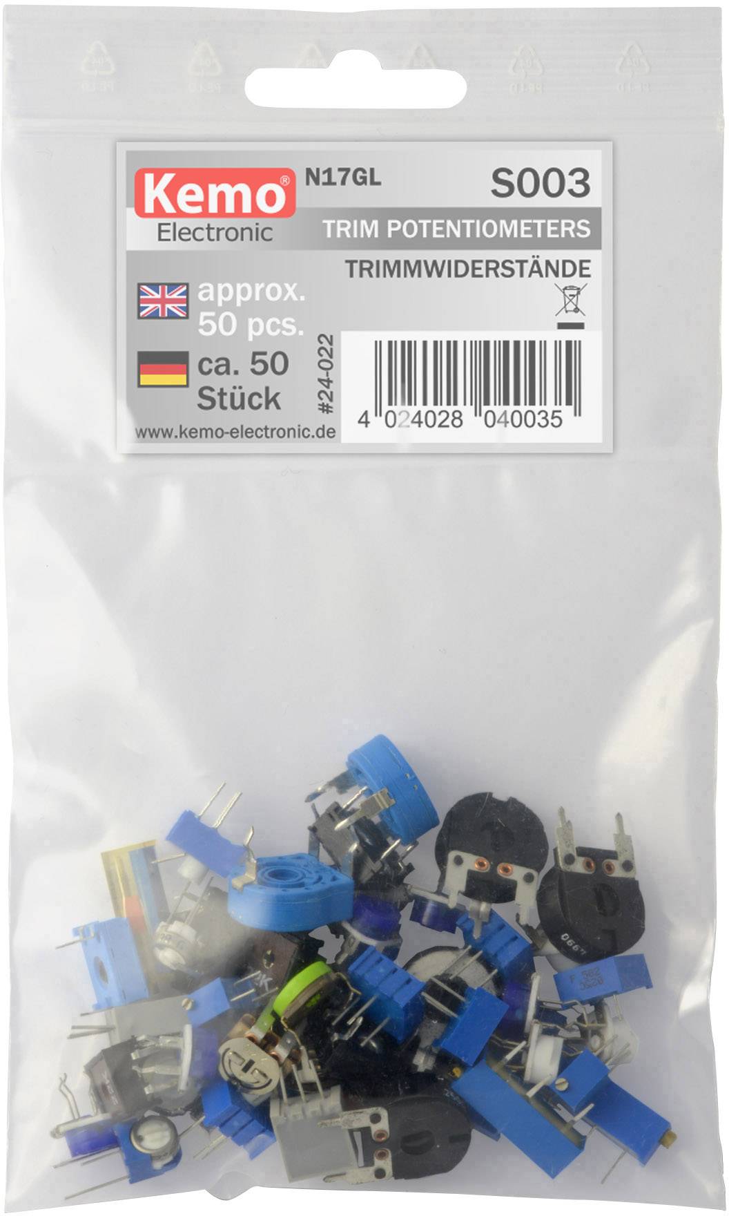 Plastikowa torebka z około 50 potencjometrami trymowymi firmy 'Kemo Electronic', w różnych kolorach i kształtach.