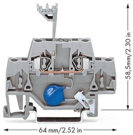 Szary blok zaciskowy do połączeń elektrycznych, z niebieską i białą pokrywą. Wymiary: 64 mm szerokości, 58,5 mm wysokości.