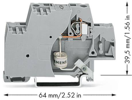 Szare elektryczne przekaźnik z zaznaczoną wymiarą: 64 mm (2,52 cala) szerokości, 39,5 mm (1,56 cala) wysokości.