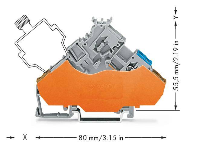 Przekrój poprzeczny złącza elektrycznego z pomarańczową obudową, o wysokości 55,5 mm, długości 80 mm. Rysunek techniczny z wymiarami.