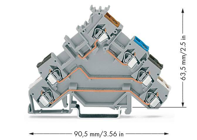 Szaro-niebieski blok zaciskowy elektryczny o podanych wymiarach: szerokość 90,5 mm i wysokość 63,5 mm.