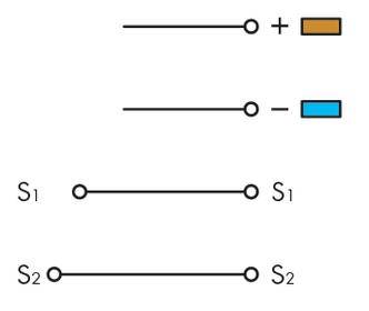 Rysunek przedstawia dwie obwody elektryczne. Na górze: zamknięty przełącznik, prawa strona z plusem i kolorem pomarańczowym. Na dole: zamknięty przełącznik, lewa strona z S1, prawa strona z S2.