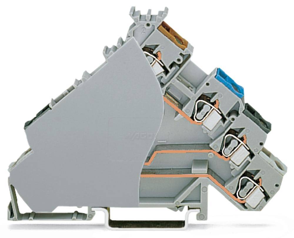 Wielowarstwowy szary blok zaciskowy elektryczny z wieloma zaciskami i połączeniami miedzianymi, służący do organizacji przewodów i dystrybucji prądu.