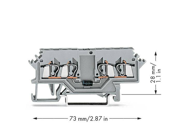 Szara elektryczna złączka o szerokości 73 mm i wysokości 28 mm, z widocznymi bocznymi punktami przyłączeniowymi.