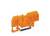 Pomarańczowy blok zaciskowy z szyną metalową, stosowany w instalacjach elektrycznych do bezpiecznego łączenia i mocowania przewodów.