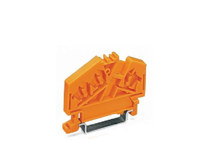 Pomarańczowy zaciskowy złącz przewodowy z metalową szyną, przeznaczony do mocowania i łączenia przewodów elektrycznych.