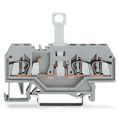 Szary element elektroniczny z wieloma zaciskami przyłączeniowymi i przewodami miedzianymi w widoku przekroju poprzecznego.