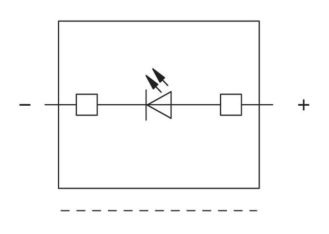 Symbol schematyczny optosprzęgnika: Dioda w prostokącie, ze strzałkami skierowanymi do diody oraz dwoma pinami przyłączeniowymi.