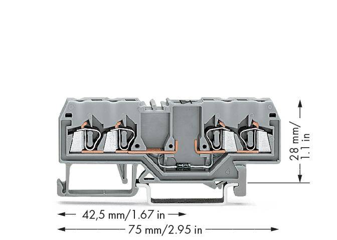 Szaro-pomarańczowy blok zaciskowy z czterema przyłączami. Wymiary: 42,5 mm wysokości, 75 mm szerokości, 28 mm głębokości. Zaciski są widoczne z boku.