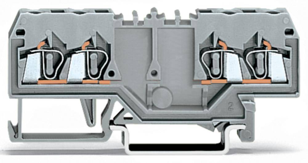 Szara elektryczna zacisknica szeregowa z technologią zacisku sprężynowego, odpowiednia dla przewodów giętkich i sztywnych w zastosowaniach przemysłowych.