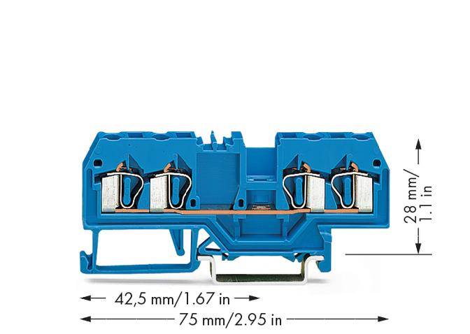 Dwupoziomowa listwa zaciskowa w kolorze niebieskim o wymiarach: szerokość 42,5 mm, tj. 1,67 cala, długość 75 mm, tj. 2,95 cala, wysokość 28 mm, tj. 1,1 cala.
