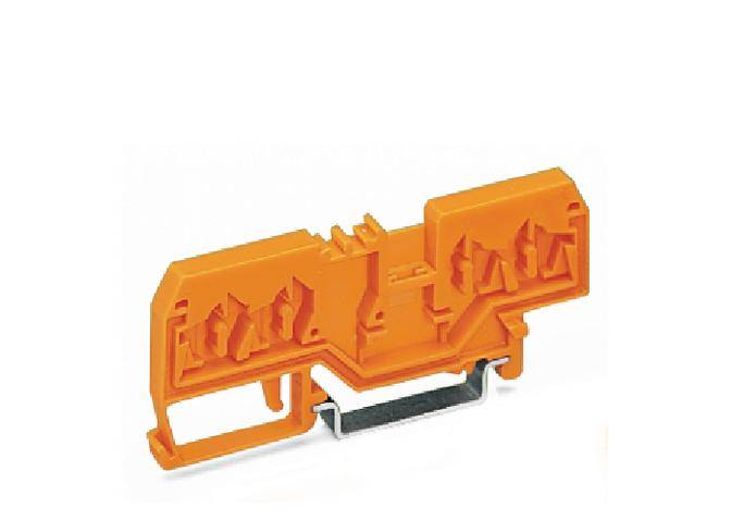 Pomarańczowe zaciski elektryczne zamocowane z boku, bez widocznych przewodów. Tło jest neutralnie białe.