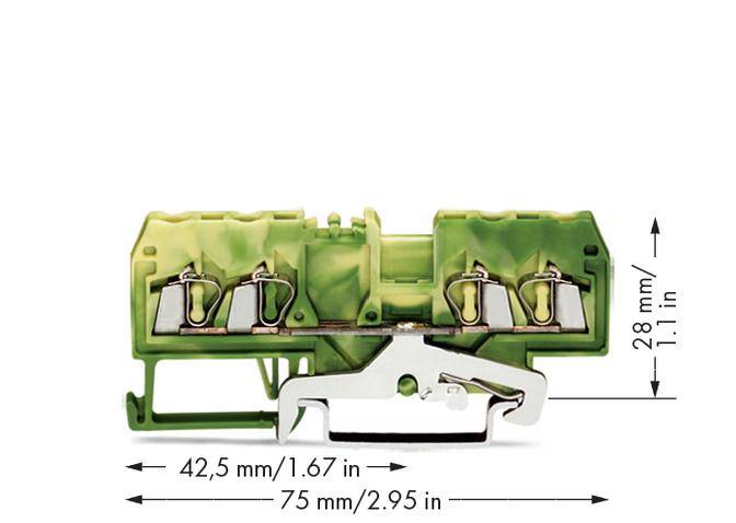 Zielona elektryczna złączka z oznaczeniami pomiarowymi: szerokość 75 mm/2,95 cala, wysokość 28 mm/1,1 cala, głębokość 42,5 mm/1,67 cala.