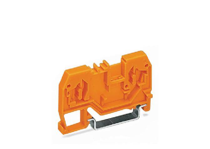 Pomarańczowy adapter listew zaciskowych z metalowym mocowaniem, odpowiedni do przemysłowych połączeń elektrycznych.