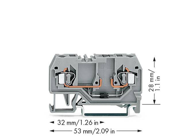 Szara listwa zaciskowa z elementami mocującymi o wymiarach 32 mm (szerokość) i 28 mm (wysokość). Styki są widoczne po obu stronach.