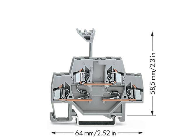 Złącze zaciskowe w kolorze szaro-pomarańczowym, wymiary: 58,5 mm (wysokość) x 64 mm (szerokość). Posiada wielokrotne punkty styku oraz wysunięty uchwyt przewodu.