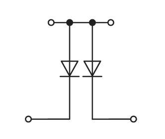 'Symbol elektroniczny: Dwie diody połączone szeregowo, równolegle. Złącza przedstawione górą i dołem.'