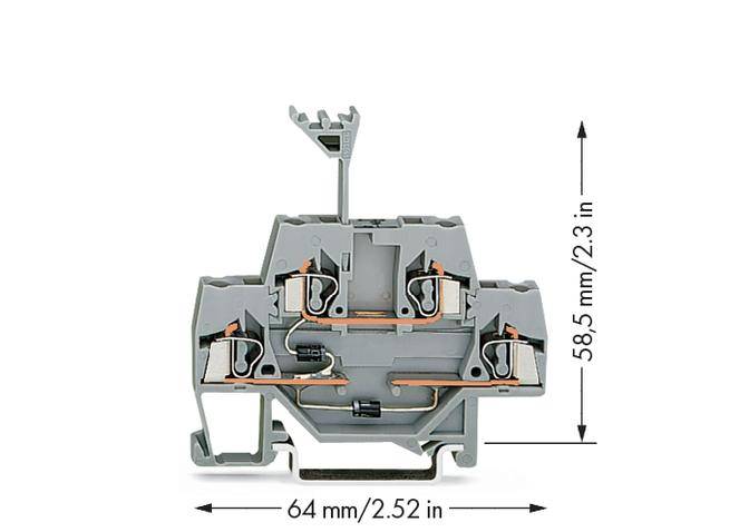 Przekrój poprzeczny szarego elektrycznego złącza z wymiarami: 64 mm szerokości, 58,5 mm wysokości. Przedstawia wewnętrzne okablowanie.