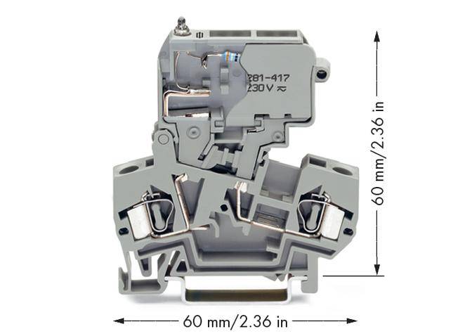 Szare elektryczne moduł zaciskowy o wymiarach 60 mm x 60 mm, odpowiedni dla 230 V, wyposażony w dwie listwy zaciskowe i szczegółowe komponenty.
