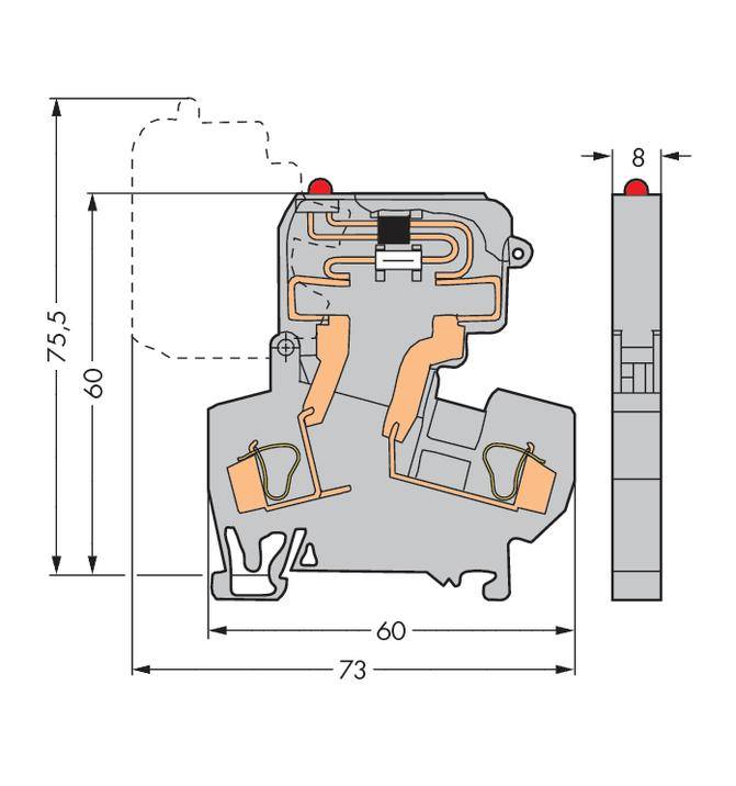 Rysunek techniczny wyłącznika elektrycznego z wymiarami: wysokość 75,5 mm, szerokość 8 mm, głębokość 73 mm. Prezentuje komponenty wewnętrzne.