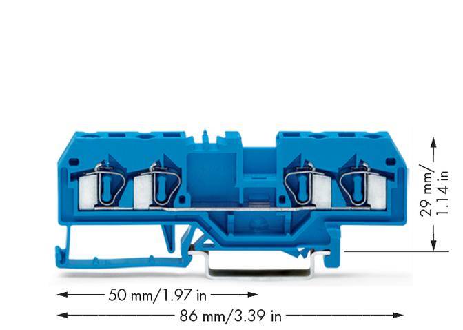 Niebieski elektryczny złącz z następującymi wymiarami: szerokość 86 mm, wysokość 29 mm, głębokość 50 mm. Przeznaczony do łączenia przewodów.
