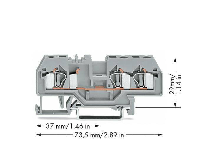 Szara elektryczna złączka z dwoma zaciskami, o oznaczonych wymiarach: wysokość 29 mm, szerokość 73,5 mm, głębokość 37 mm.