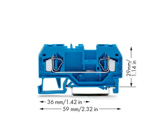 Zacisk z niebieskiego tworzywa sztucznego o wymiarach: 36 mm szerokości, 59 mm długości i 29 mm wysokości.