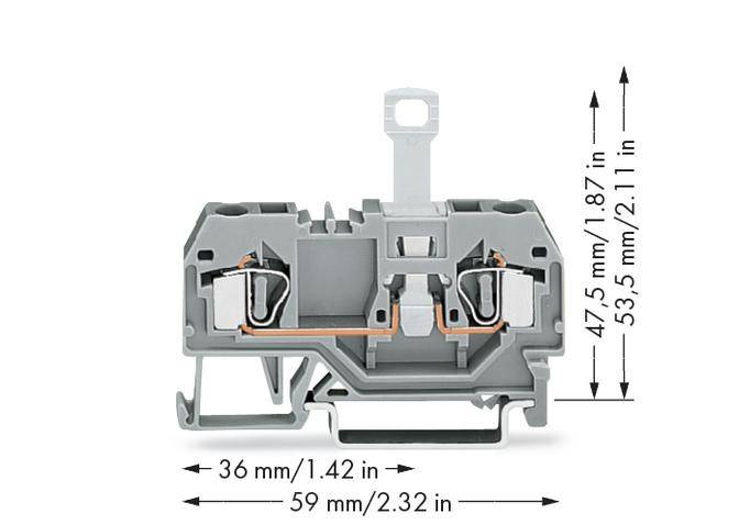 Szary blok elektryczny ze złączkami o podanych wymiarach: szerokość 59 mm, wysokość 53,5 mm, głębokość 36 mm.