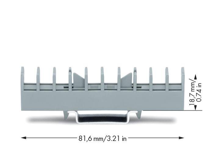 Obraz przedstawia szarą klamrę kablową z sześcioma gniazdami o wymiarach 81,6 mm szerokości i 18,7 mm wysokości.