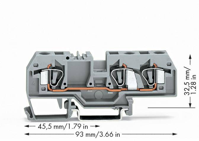 Szara klamra z drutem miedzianym, po lewej szerokość 45,5 mm, po prawej wysokość 32,5 mm.
