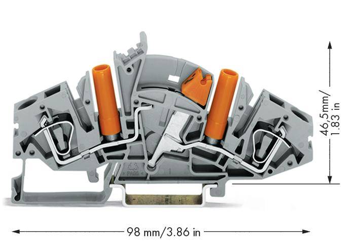 Szara, mechaniczna klemma z pomarańczowymi elementami. Wymiary: 98 mm szerokości, 46,5 mm wysokości. Widoczne złącza po lewej i prawej stronie.