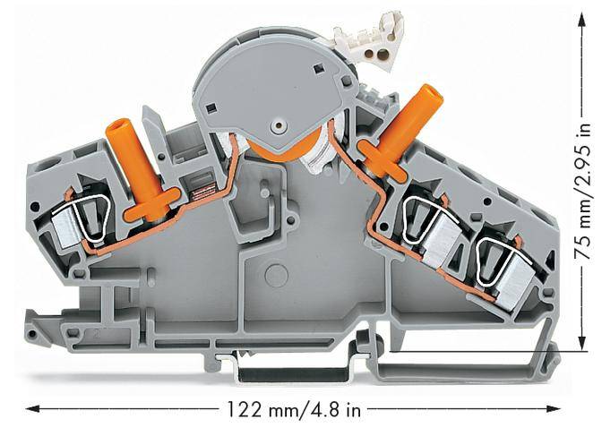 Szary i pomarańczowy blok przyłączeniowy elektryczny o wymiarach 122 mm x 75 mm.