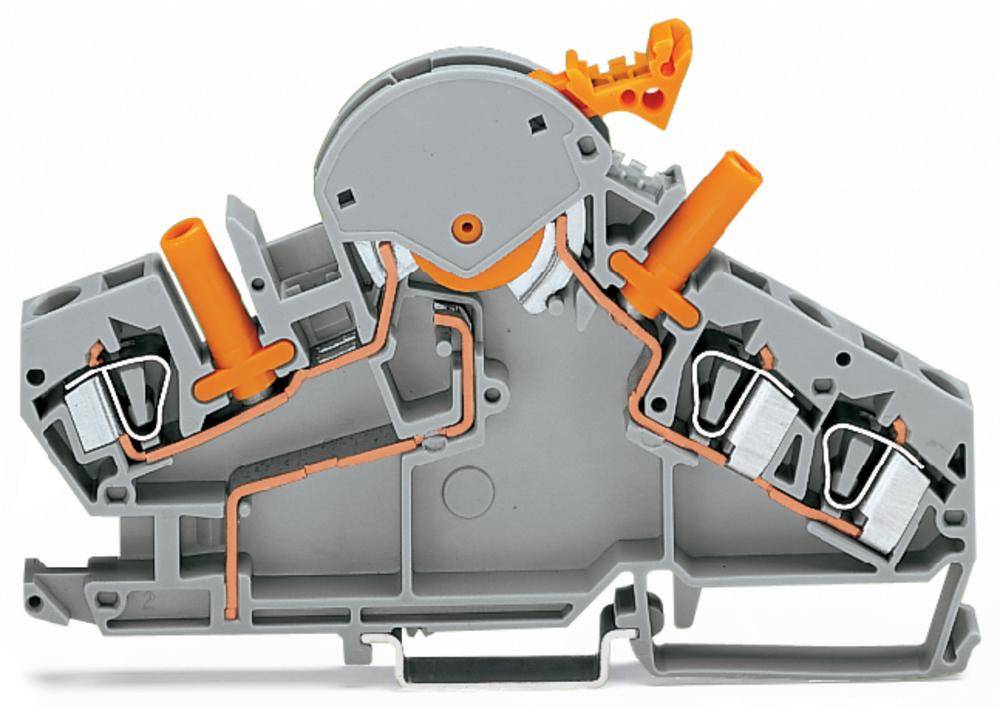 Szary, mechaniczny element z pomarańczowymi przewodami i dźwigniami. Jest to zacisk do połączeń elektrycznych.