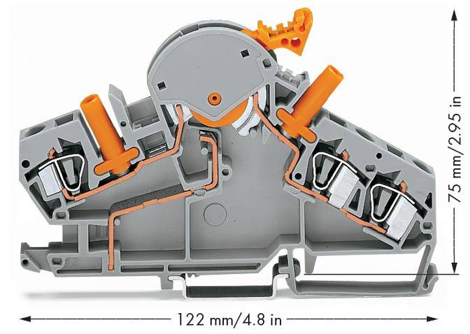 Szary elektryczny blok zacisków z pomarańczowymi dźwigniami, wymiary: 122 mm x 75 mm.
